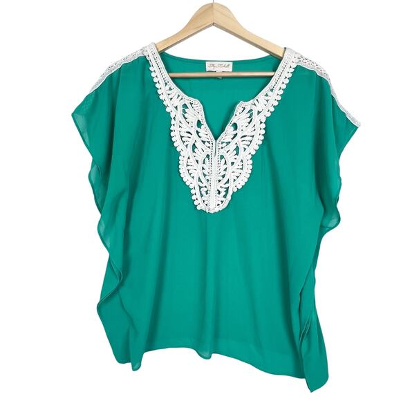 My Michelle L Sheer Green Top Blouse White Crochet Trim Short Sleeve Polyester - Picture 1 of 8